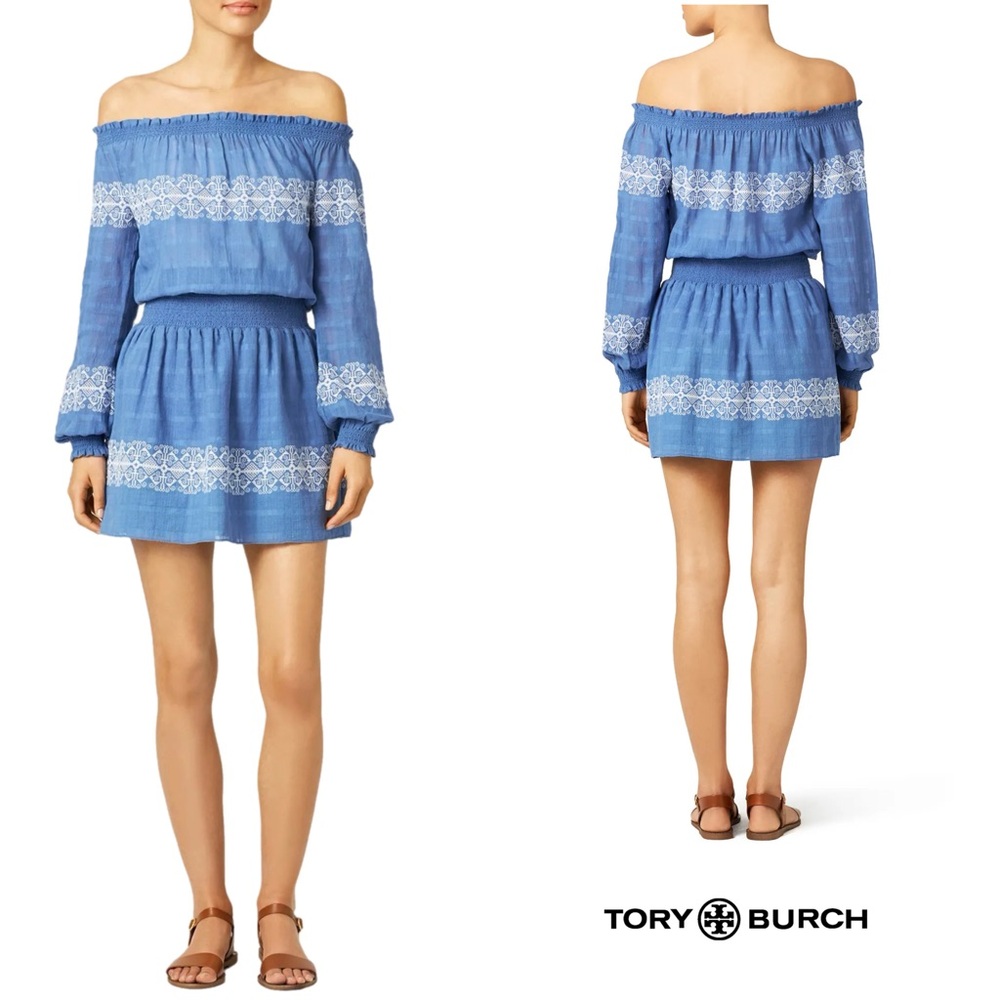 NEW Tory Burch Loretta Tunic Dress Blue Off-Shoulder Dress